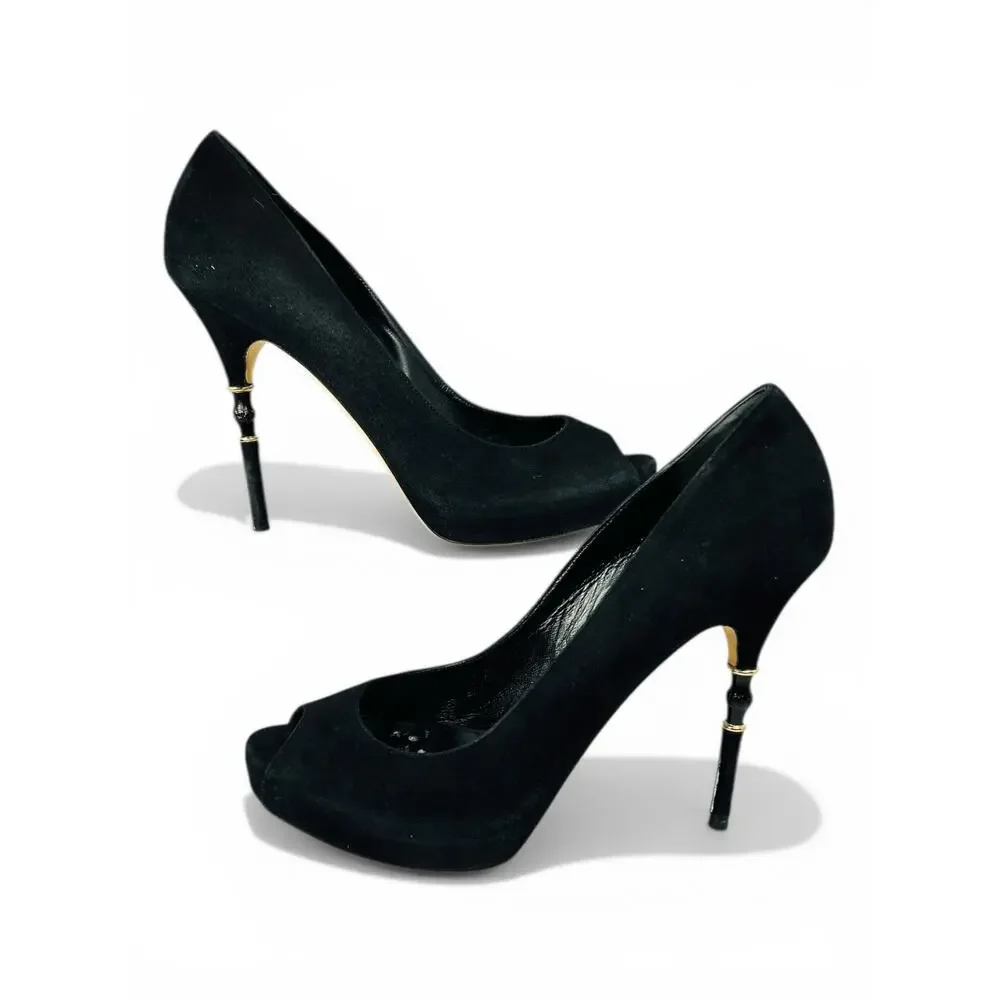 Gucci Black Suede Peep Toe Bamboo Stiletto Heels EU 39.5 Platform Pumps With Box - Picture 6 of 6